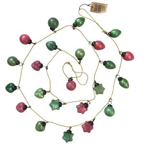 Mercury Glass Ornament Garland pink & green Hearts Bulbs Balls Gold tone Cord